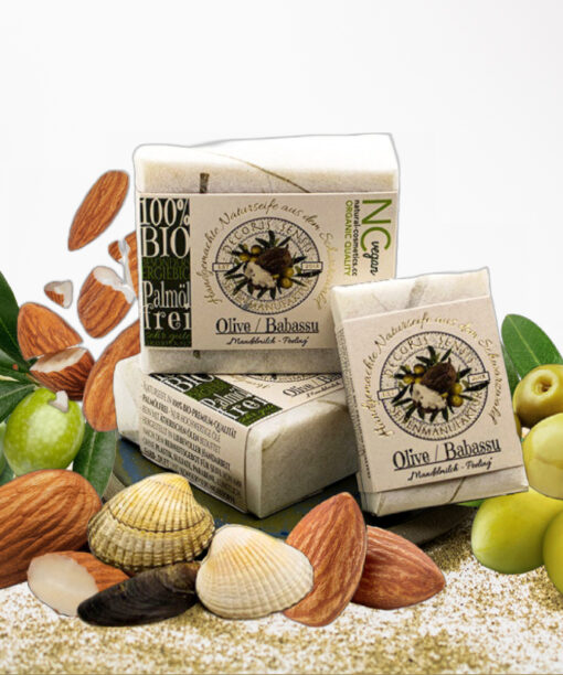 Vegane Hand- und Duschseife | Olive/Babassu - Mandelmilch-Peeling | Bio Naturseife